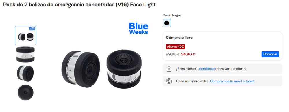 Una captura de pantalla de la tienda online de Movistar muestra dos paquetes de balizas luminosas de fase V16 a la venta durante la Semana Azul de octubre de 2025 por 54,90 €.