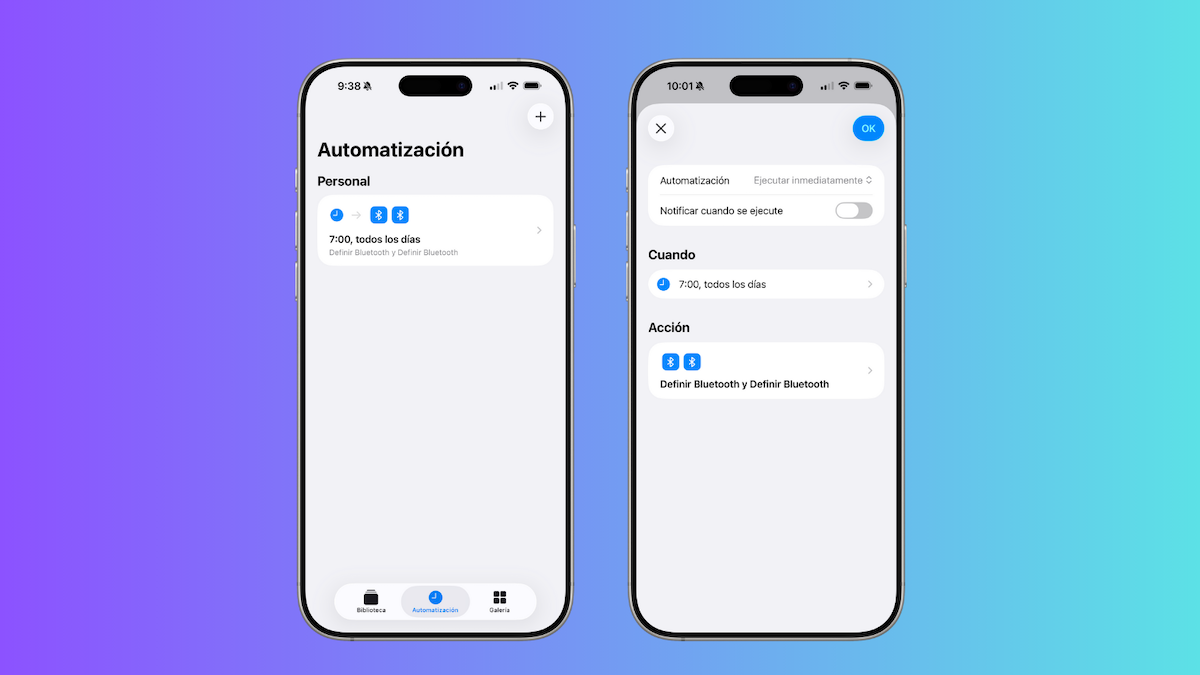 Captura de pantalla de la aplicación Atajos en iPhone que muestra la automatización creada: a las 7:00, acción
