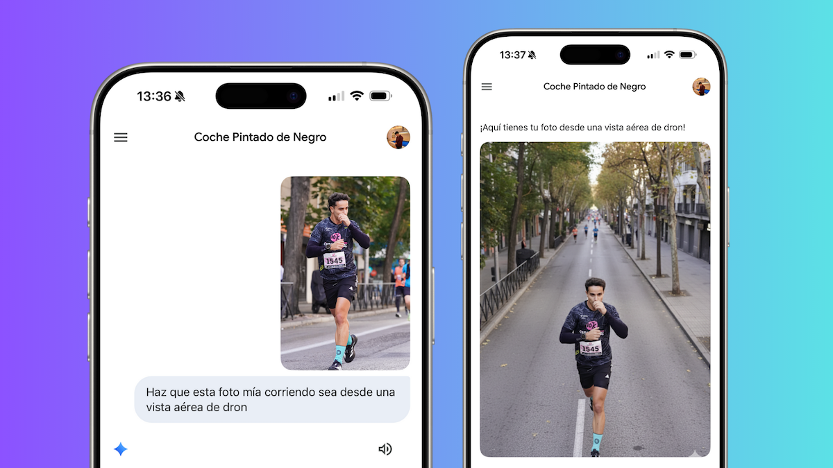 Comparación de una fotografía deportiva de una persona corriendo (antes) con una versión editada por IA que simula una vista aérea de un dron (después)