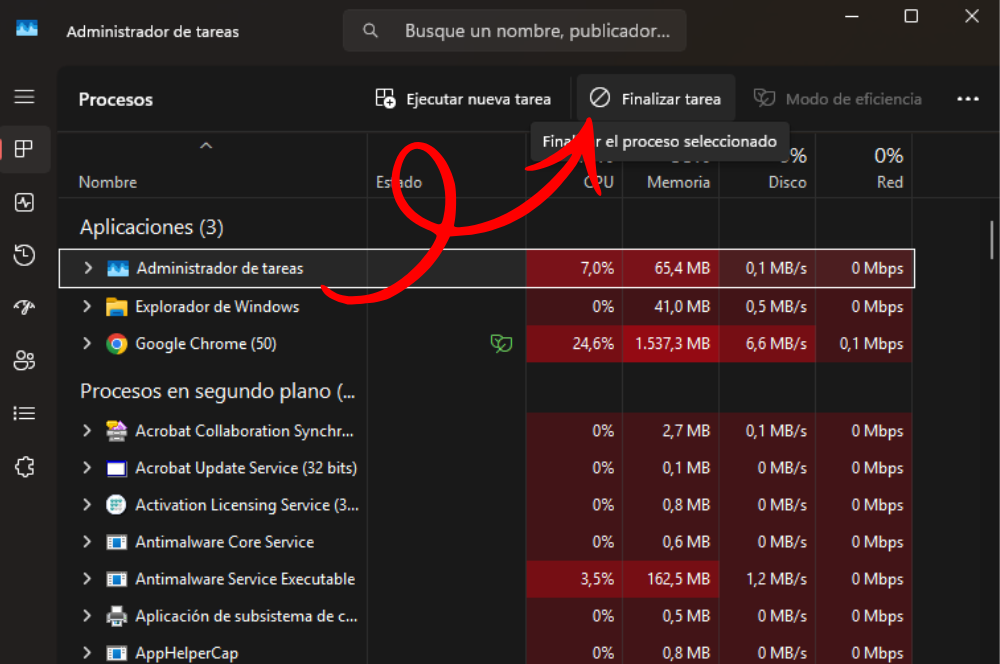 Finalizar una tarea desde el Administrador de tareas en Windows 11