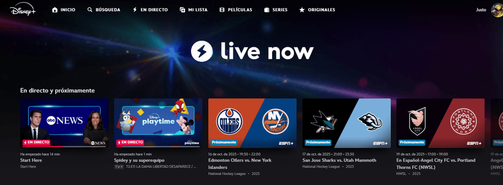 Sección de TV en vivo en Disney+