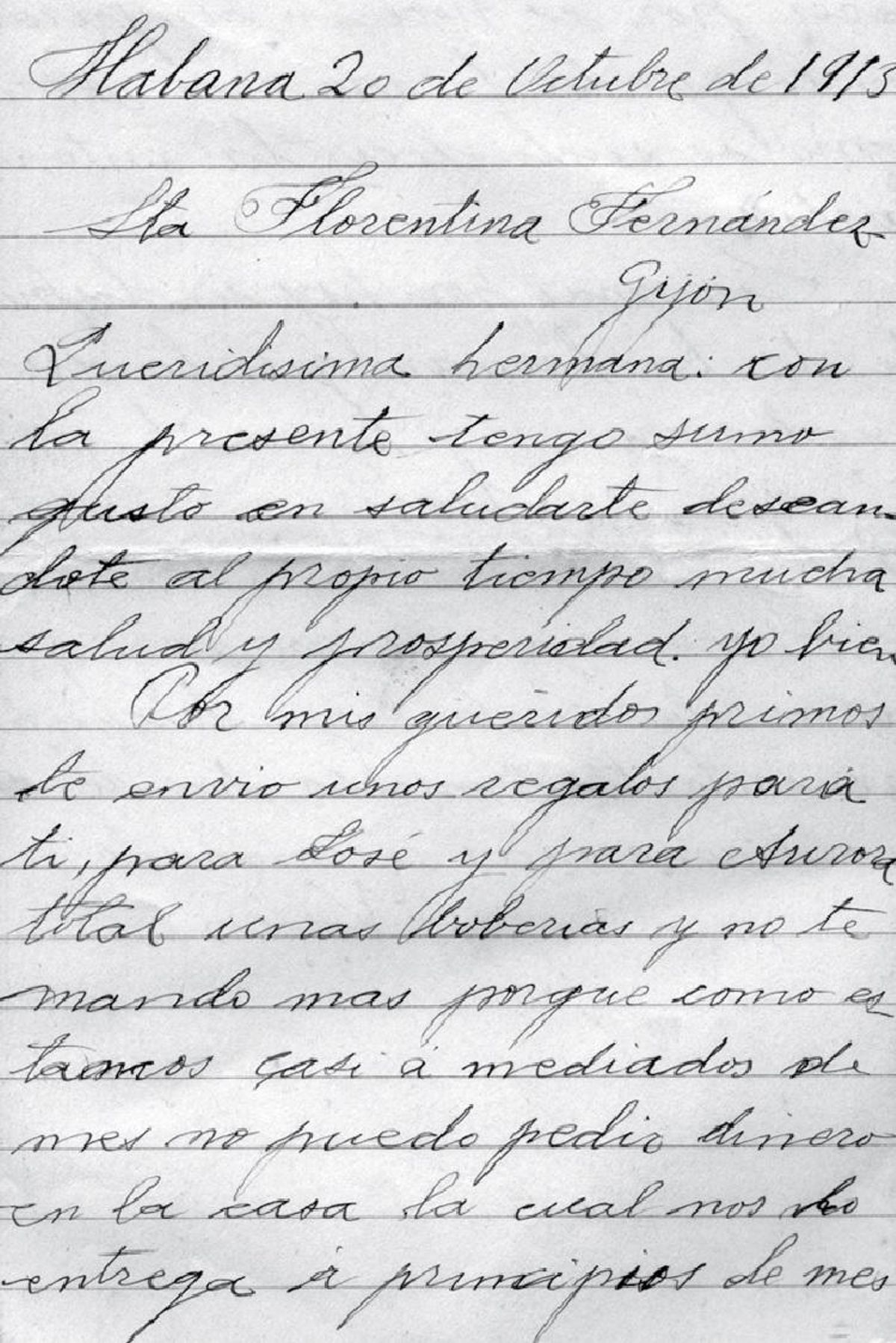 Una de las cartas que Sixto Fernández envió a su hermana Florentina.