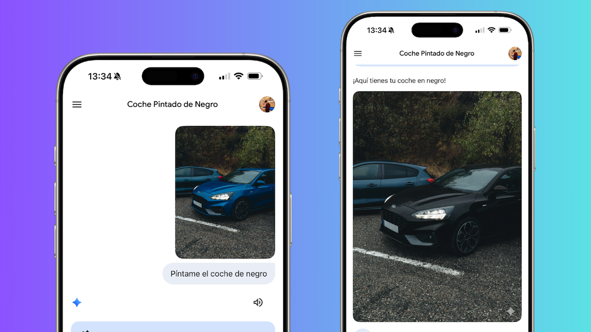Ejemplo de edición con Nano Banana: un auto azul (antes) y el mismo auto transformado a negro (después), conservando reflejos y texturas.