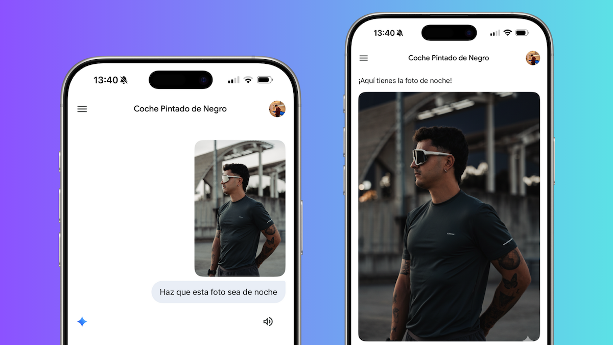 Utilice Nano Banana AI para convertir una foto de un paisaje diurno (antes) a un paisaje nocturno estrellado (después)