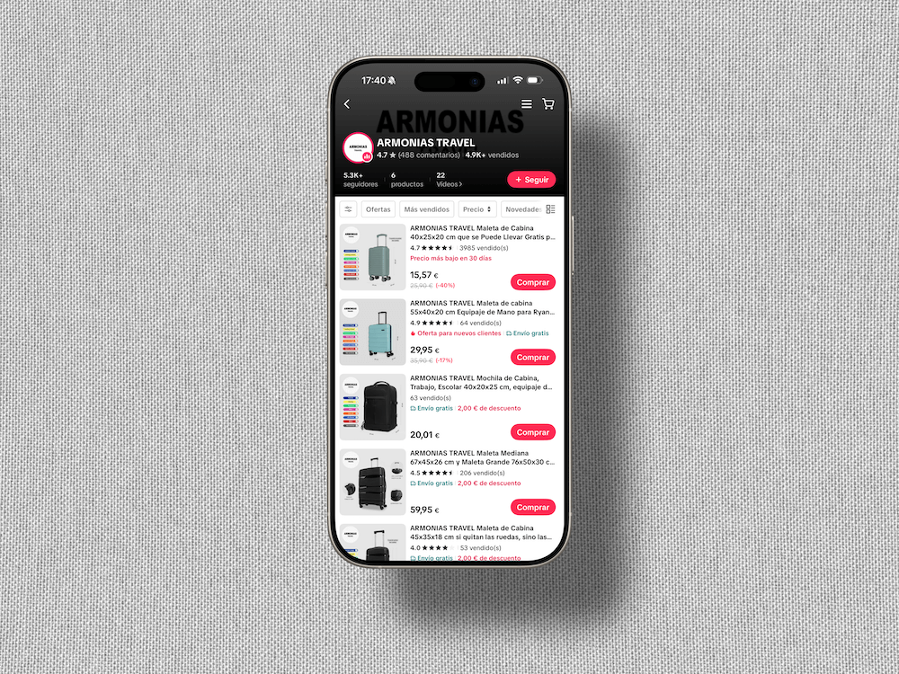 Ejemplo de un perfil de vendedor verificado en TikTok Shop, destacando la insignia de verificación azul, la puntuación de revisión promedio y la cantidad de seguidores