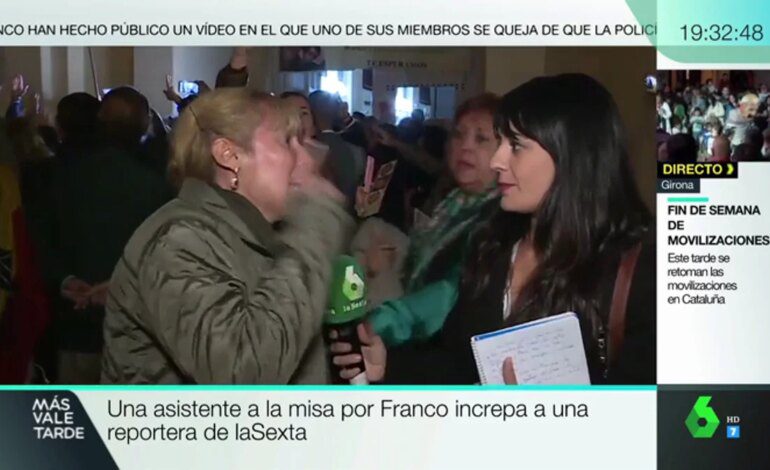 Una asistente a la misa por Franco increpa a una reportera de laSexta: "No tenéis vergüenza"