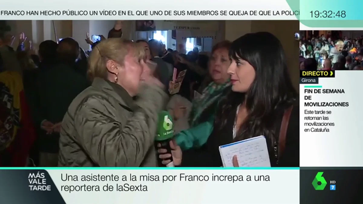 Una asistente a la misa por Franco increpa a una reportera de laSexta: "No tenéis vergüenza"