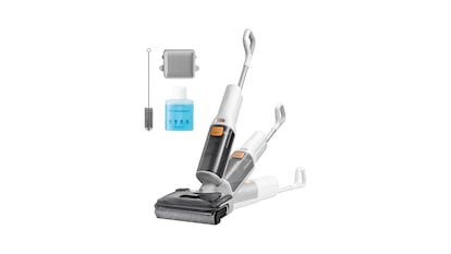 Fregona eléctrica sobre fondo blanco.