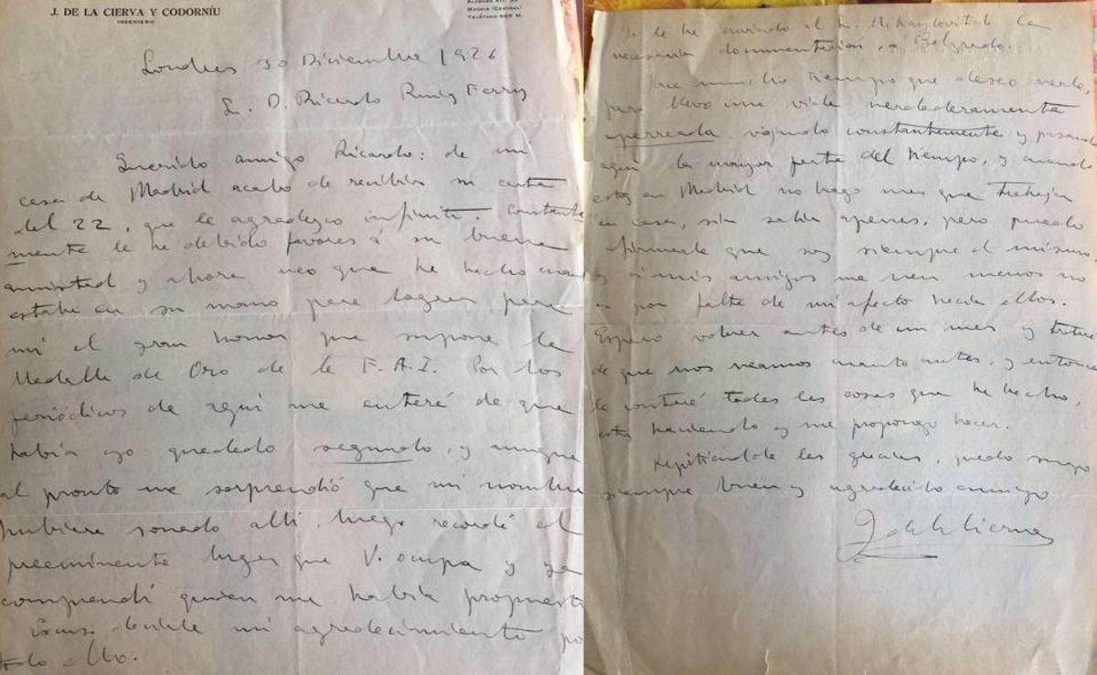 Manuscritos de Juan de la Cierva, fechados el 30 de diciembre de 1926