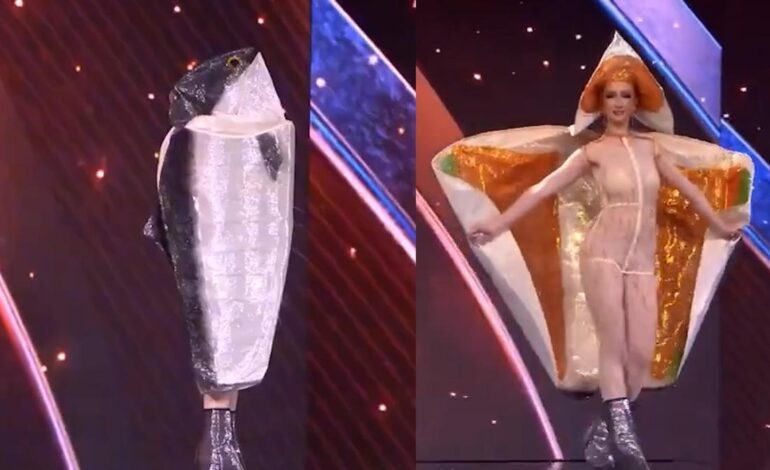 MISS NORUEGA MISS UNIVERSO | Miss Noruega se viste de salmón gigante en la gala de Miss Universo