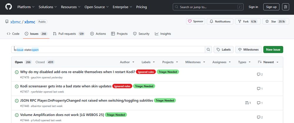Rastreador de errores de Kodi en GitHub