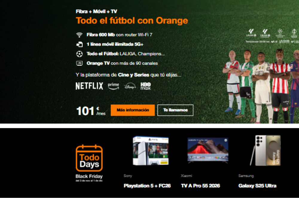 Captura de pantalla del sitio web de Orange que muestra precios especiales para clientes existentes