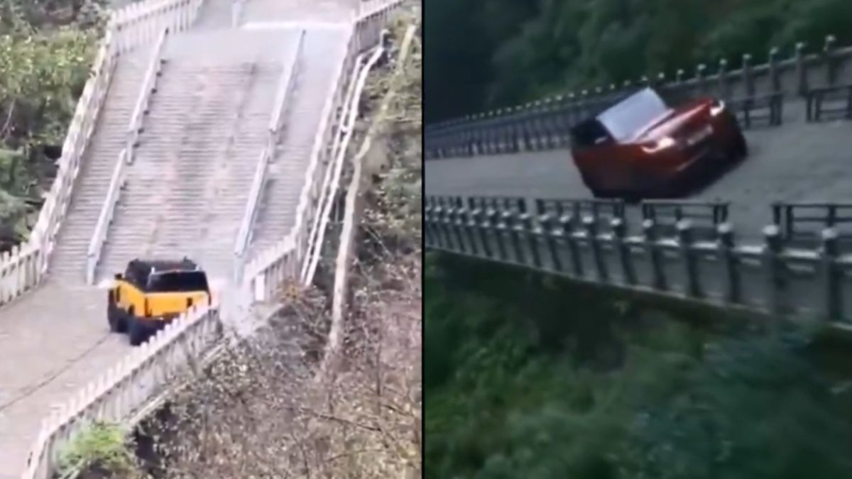Este coche chino quiso superar el reto del Range Rover subiendo unas escaleras en una montaña, pero el resultado no fue el que esperaba
