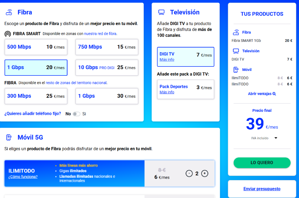 La tabla de precios de Digi muestra los precios más baratos