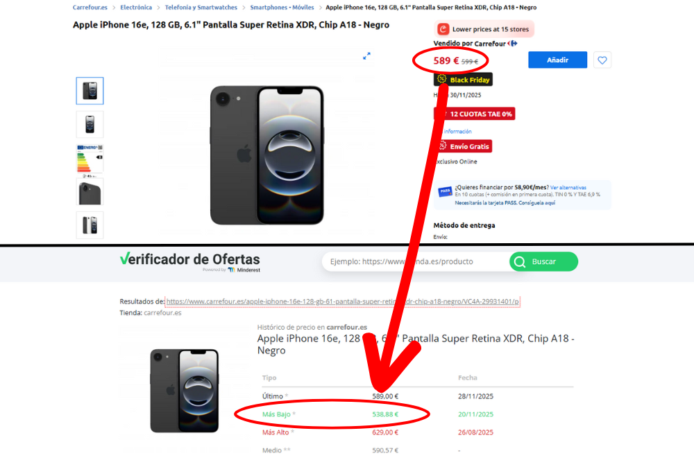 Ejemplo de oferta falsa de Carrefour para el iPhone 16e