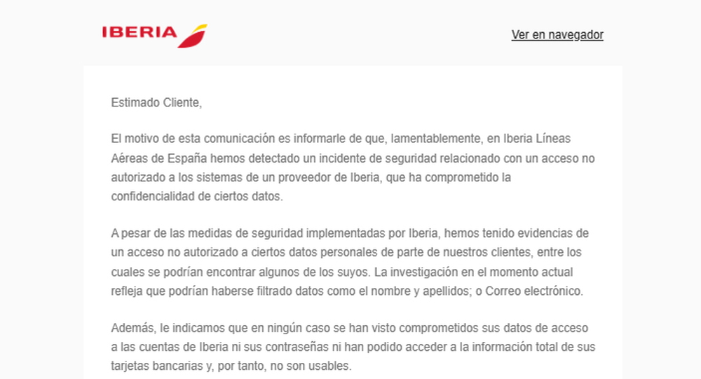 Correo electrónico enviado por Iberia sobre brecha de seguridad
