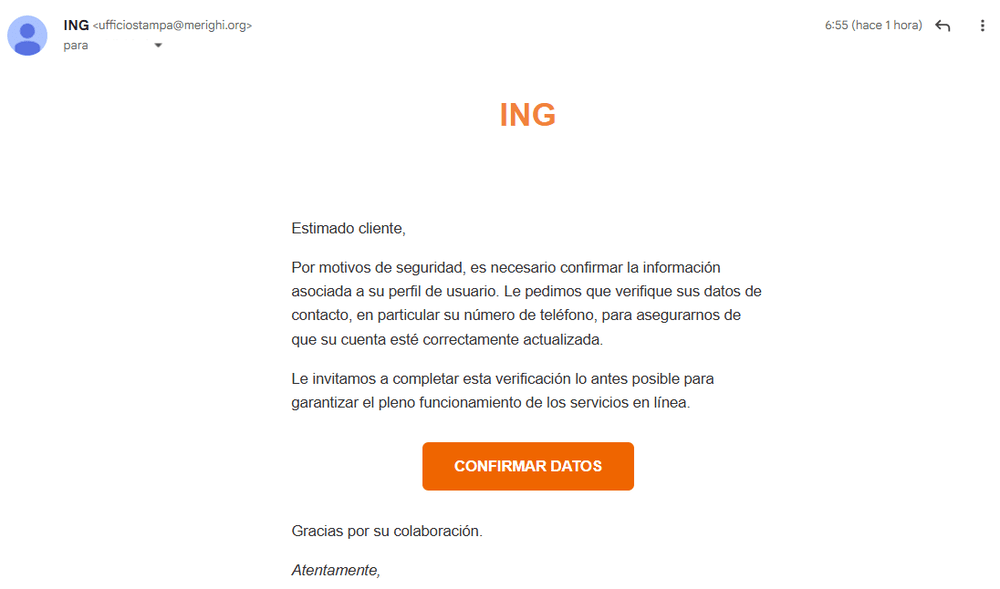 Intentar un ataque de phishing al cliente de ING