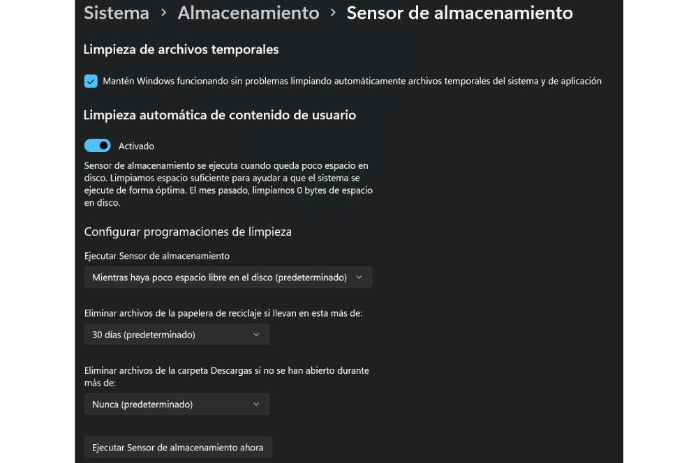Panel de configuración del sensor de almacenamiento en Windows 11