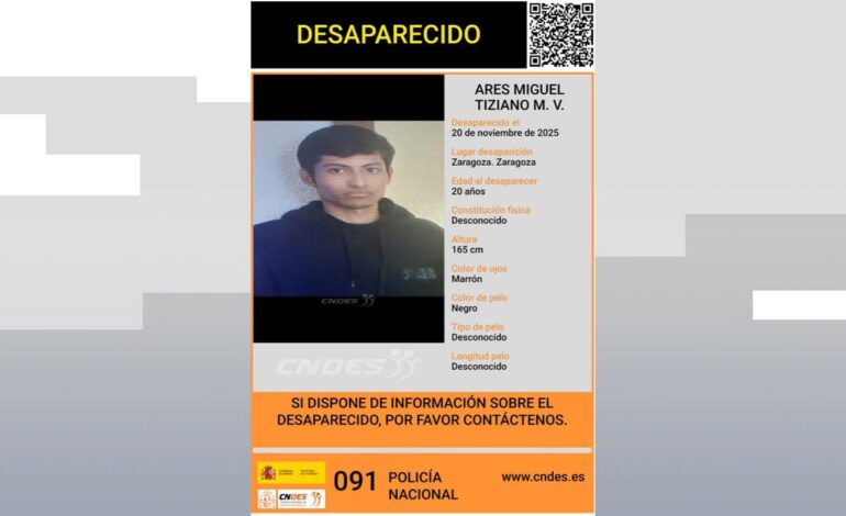 Buscan a Ares, un joven de 20 años desaparecido en Zaragoza