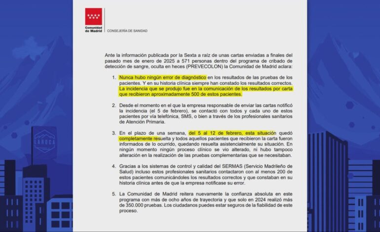 La Comunidad de Madrid asegura que «ningún proceso clínico se vio alterado» tras las notificaciones erróneas del cribado de cáncer de colon