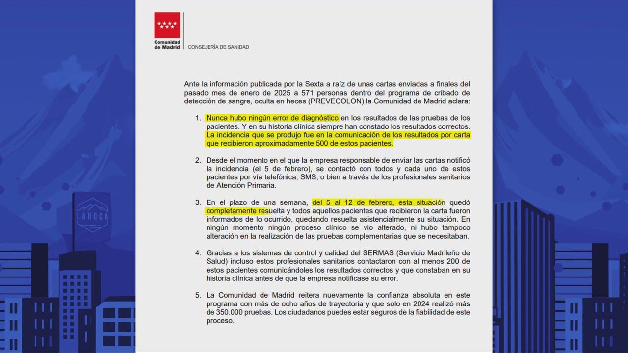 La Comunidad de Madrid asegura que «ningún proceso clínico se vio alterado» tras las notificaciones erróneas del cribado de cáncer de colon