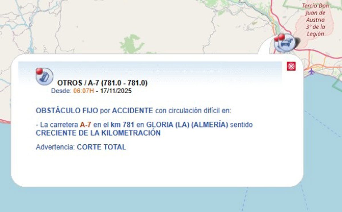 Muere un conductor que circulaba en sentido contrario por la A-7 tras chocar con un camión en Huércal de Almería