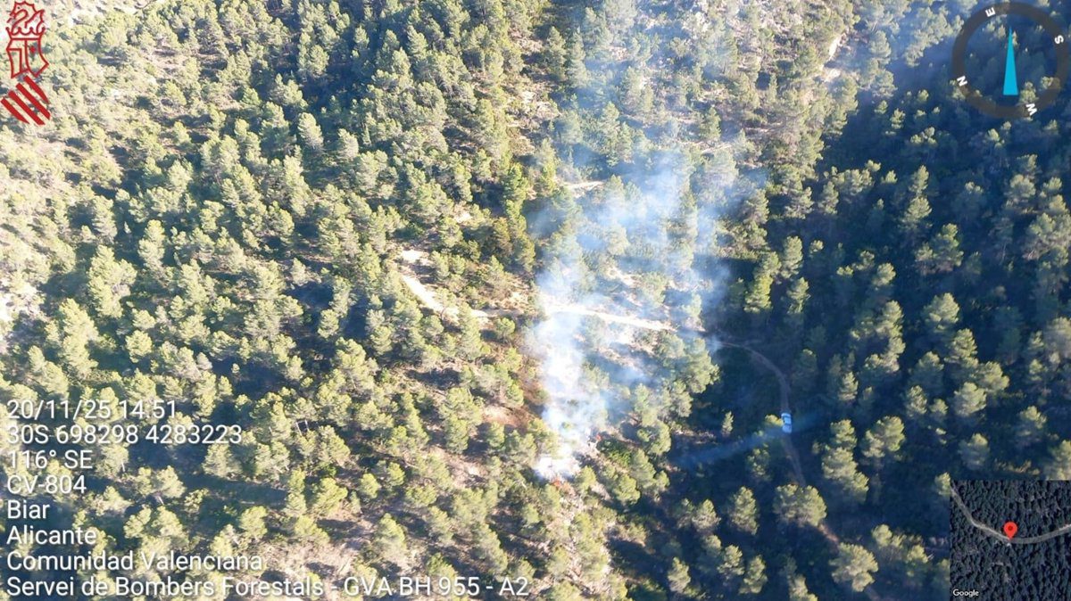 Bomberos luchan contra un incendio forestal declarado en Biar (Alicante)