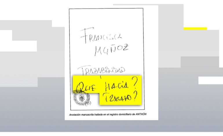 La nota que se halló en el registro del domicilio de Antxón Alonso sobre Paqui, la mujer de Cerdán: «¿Qué hacía, trabajo?»