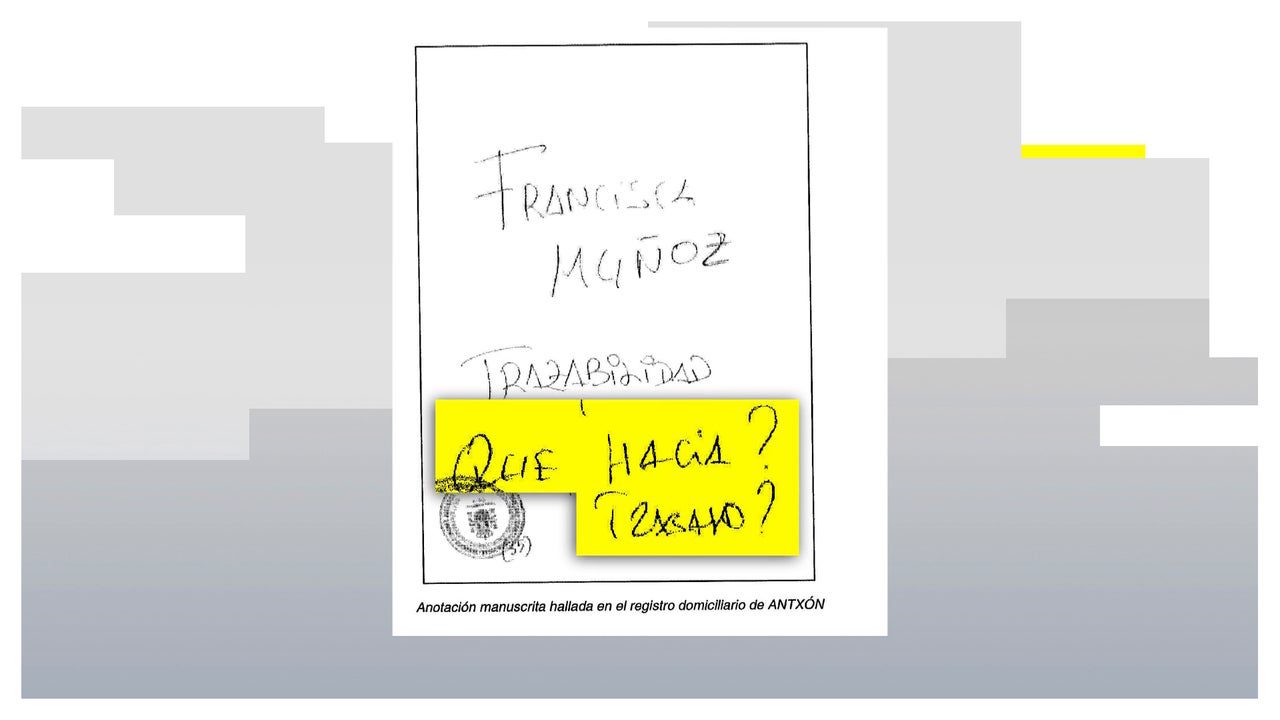 La nota que se halló en el registro del domicilio de Antxón Alonso sobre Paqui, la mujer de Cerdán: «¿Qué hacía, trabajo?»