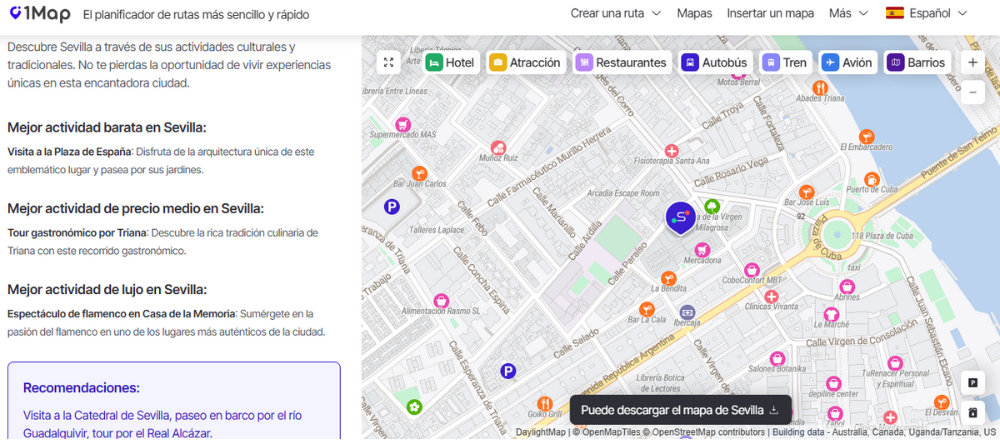 Utilice 1Map para recomendar actividades turísticas en Sevilla