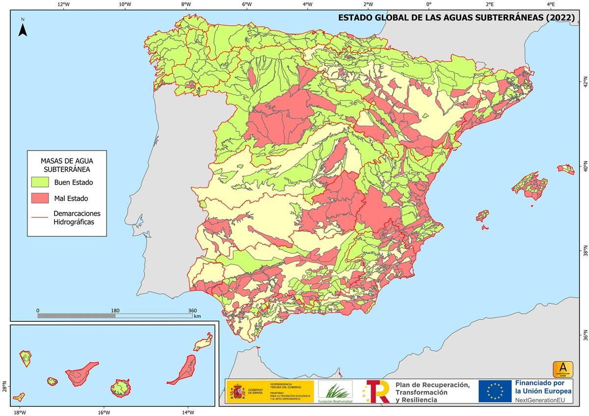 Estado de las aguas subterráneas; en oscuridad, en mal estado