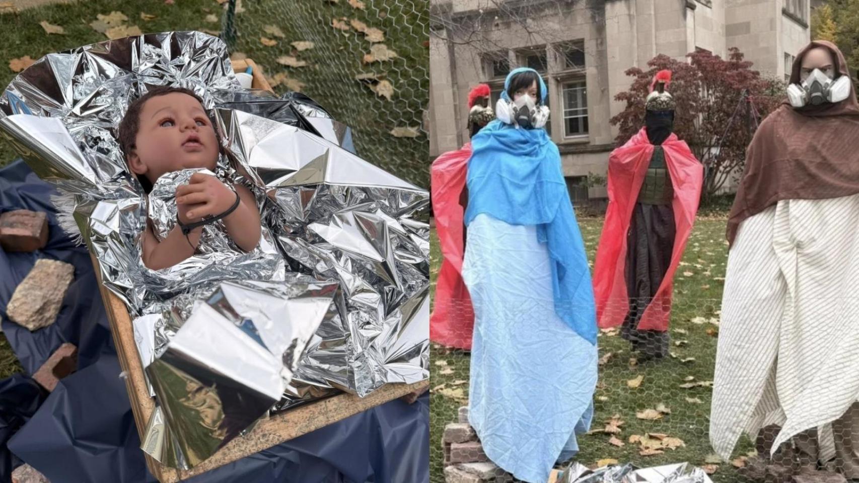 el Niño Jesús esposado, la Virgen con máscara lacrimógena y vigilado por ICE