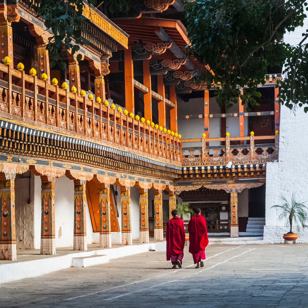 Monjes en Punakha Dzong, Punakha, Bután