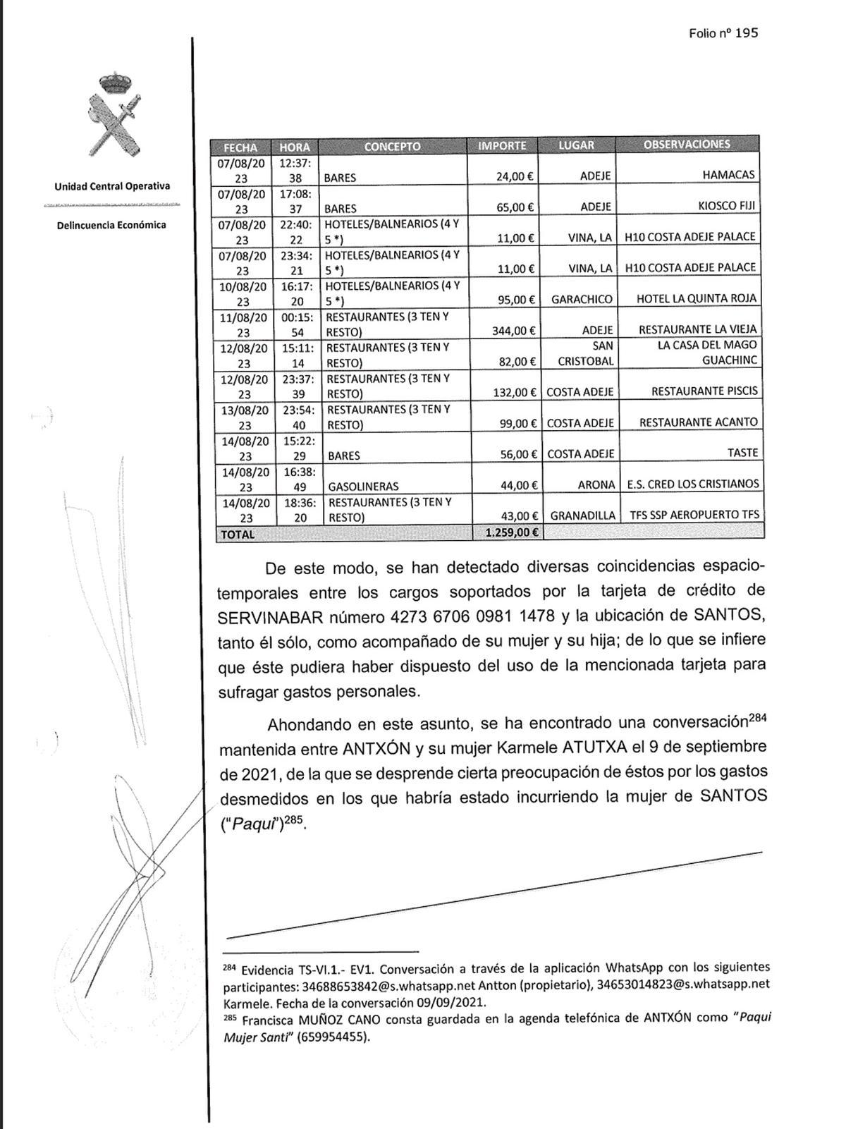 Folios de la investigación de la Unidad Central Operativa (UCO) de la Guardia Civil que detallan los gastos de Santos Cerdán y su familia hasta Tenerife.