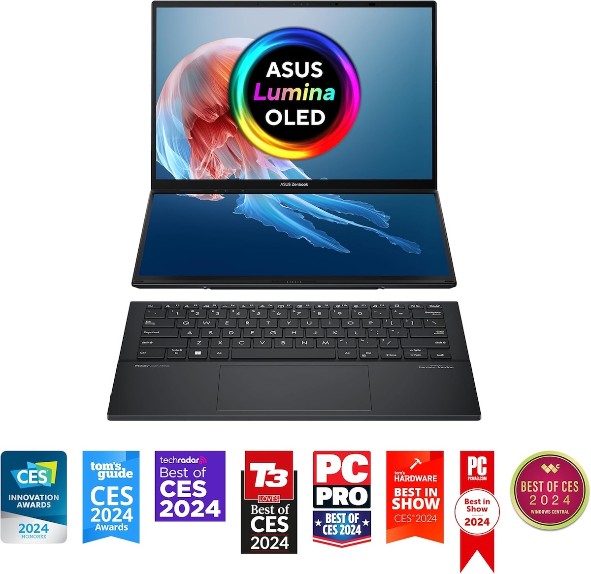 Una vista en perspectiva de la computadora portátil Asus Zenbook Duo OLED, que muestra el brillo y la calidad del color de su pantalla superior y su teclado completo.