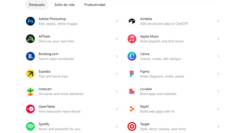 Lista de aplicaciones en ChatGPT