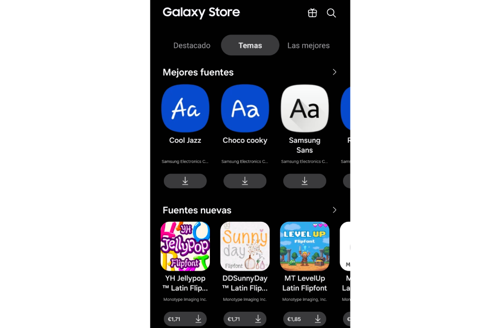 Captura de pantalla de la interfaz de Samsung Galaxy Store