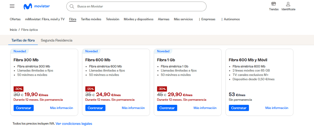 Movistar lanza nuevas tarifas sólo fibra