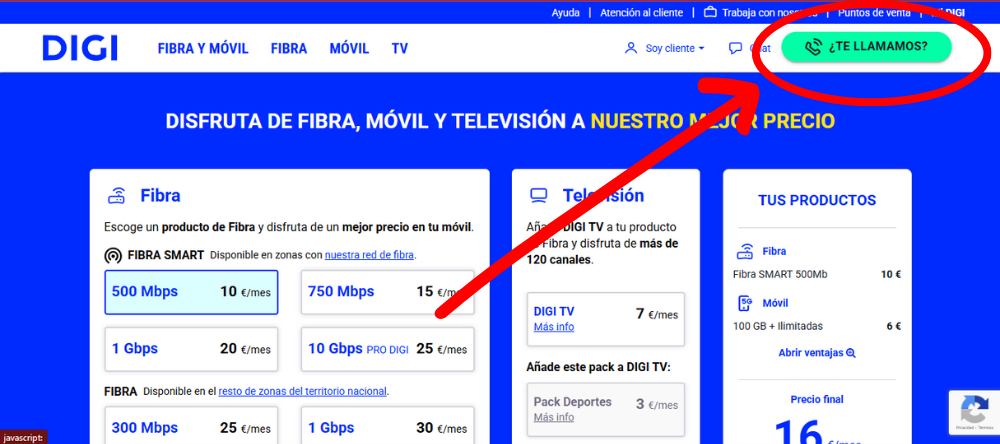 Opción Te llamaremos página Digi