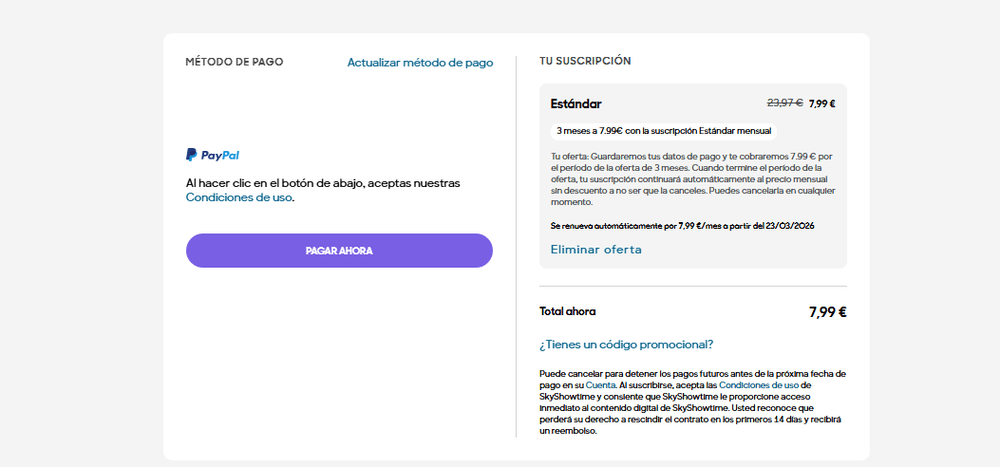 Proceso de pago del descuento de SkyShowtime