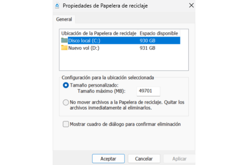 Captura de pantalla del menú Propiedades de la Papelera de reciclaje