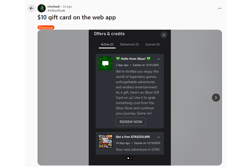 Captura de pantalla de la aplicación Xbox en el teléfono que muestra una notificación de una tarjeta de regalo de 