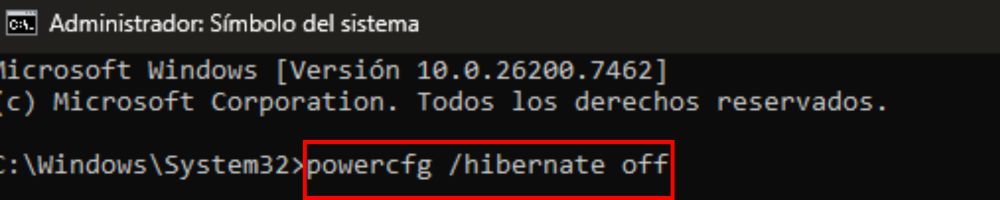 Comando para desactivar el modo de hibernación de Windows