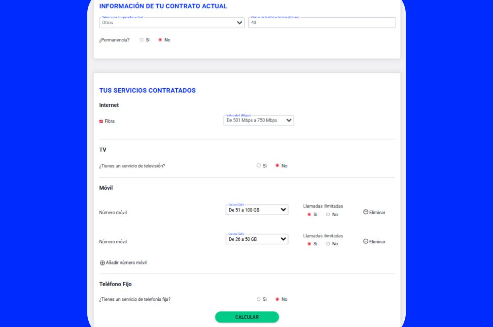 Datos del contrato actual Comparador O2 Digi