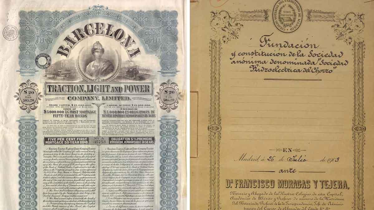 Dos documentos históricos conservados en el fondo: acción de la empresa de Tracción, Luz y Fuerza y acta constitutiva de la Fundación de la Sociedad Hidroeléctrica del Chorro.