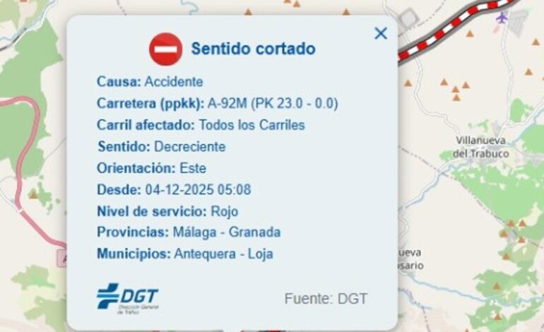 Cortada la A-92M en Antequera (Málaga) en sentido Granada por el accidente de un camión
