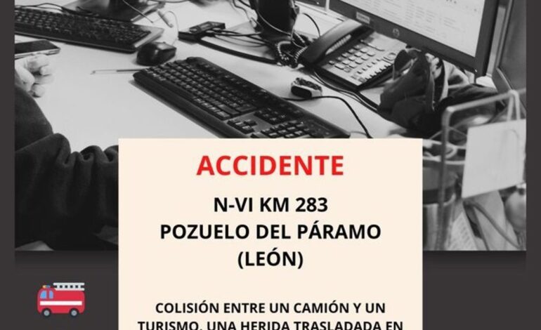 Herida una mujer de 45 años en la colisión entre un turismo y un camión en la N-VI en Pozuelo del Páramo (León)