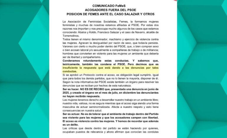 Las mujeres socialistas de FeMeS califican de «insuficiente» la respuesta del PSOE a los casos de Salazar o Navarro