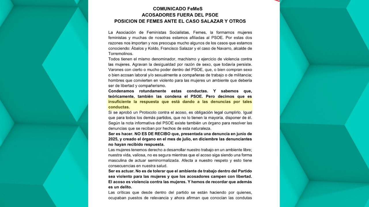 Las mujeres socialistas de FeMeS califican de «insuficiente» la respuesta del PSOE a los casos de Salazar o Navarro