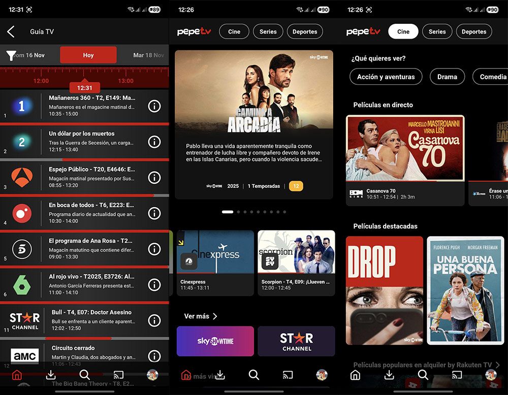 Interfaz de usuario de PepeTV en dispositivos móviles